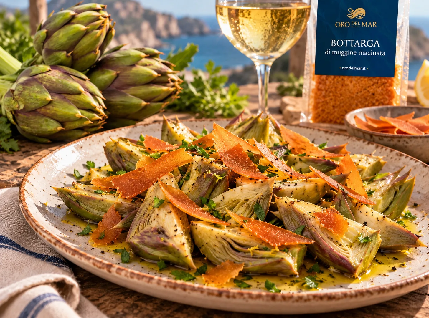 Insalata di carciofi con lamelle di bottarga di muggine, un calice di vino bianco e una confezione di bottarga Oro del Mar